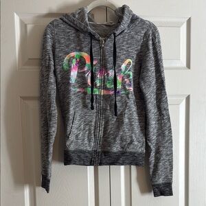 PINK Brand Gray Zip-Up Hoodie with Colorful Logo
